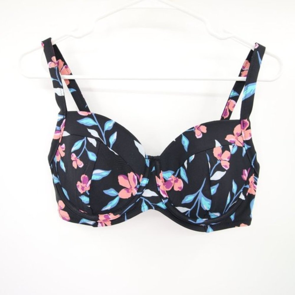 Lands End Black Floral Bikini Top Size 32DD/34D NWOT